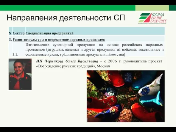 Направления деятельности СП ИП Черникова Ольга Васильевна – с 2006 г. руководитель проекта