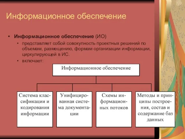 Информационное обеспечение Информационное обеспечение (ИО) представляет собой совокупность проектных решений