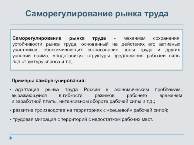 Саморегулирование рынка труда Примеры саморегулирования: адаптация рынка труда России к