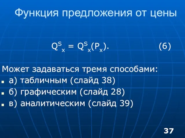 Функция предложения от цены QSx = QSx(Px). (6) Может задаваться