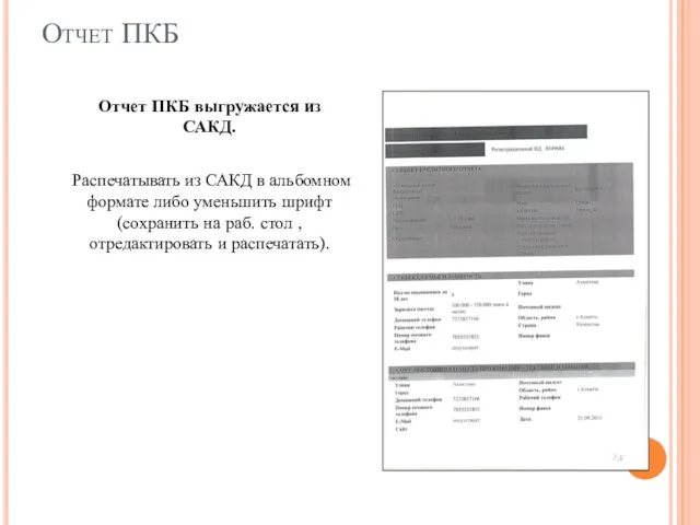 Отчет ПКБ Отчет ПКБ выгружается из САКД. Распечатывать из САКД в альбомном формате