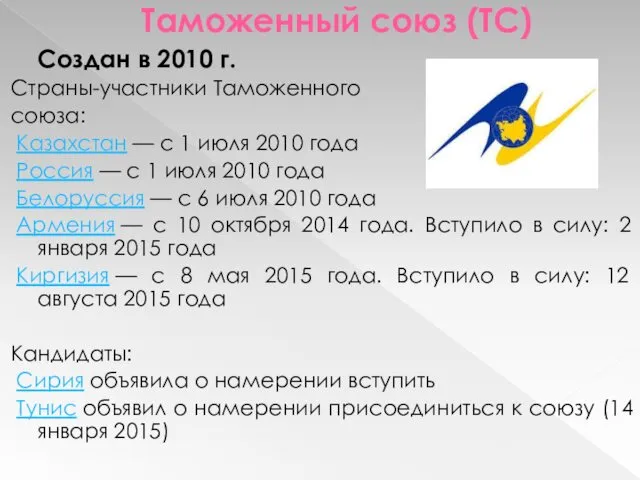 Таможенный союз (ТС) Создан в 2010 г. Страны-участники Таможенного союза: