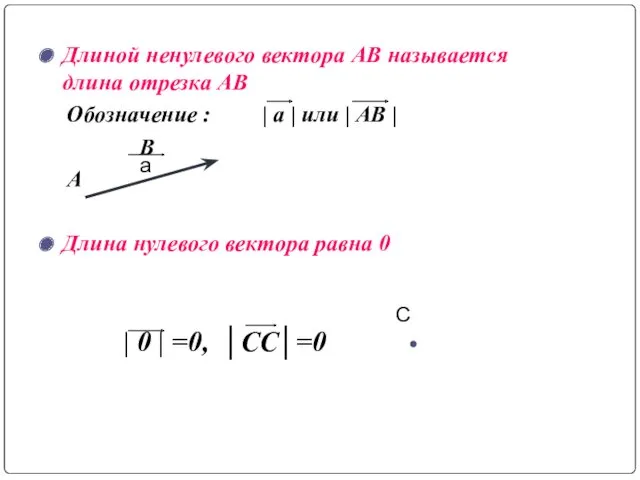 Длиной ненулевого вектора АВ называется длина отрезка АВ Обозначение :