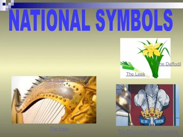 NATIONAL SYMBOLS The Welsh Flag The Harp The Daffodil The Leek The Prince of Wales Feathers