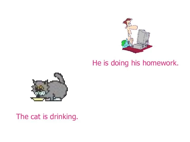 He is doing his homework. The cat is drinking.