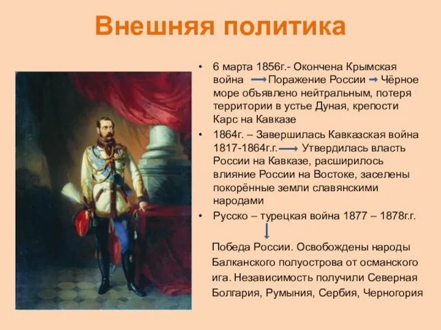 Внешняя политика 6 марта 1856г.- Окончена Крымская война Поражение России