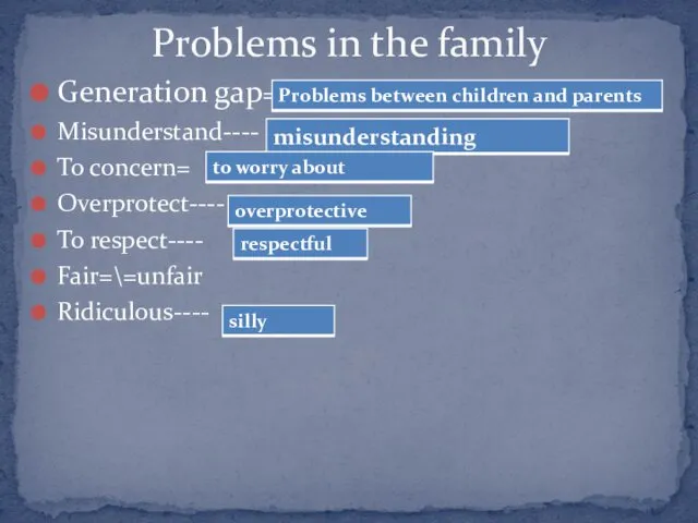 Generation gap= Misunderstand---- To concern= Overprotect---- To respect---- Fair=\=unfair Ridiculous---- Problems in the family