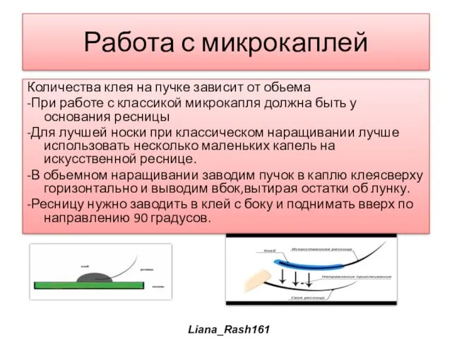 Работа с микрокаплей Количества клея на пучке зависит от обьема