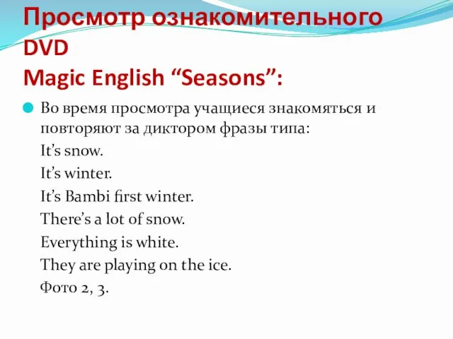 Просмотр ознакомительного DVD Magic English “Seasons”: Во время просмотра учащиеся