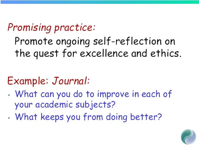 Promising practice: Promote ongoing self-reflection on the quest for excellence