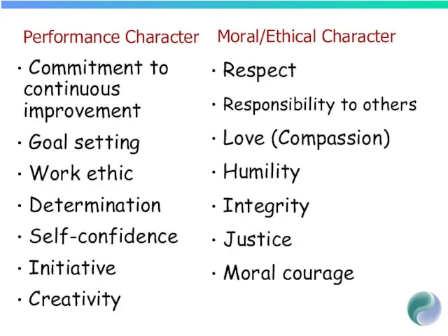 Performance Character Commitment to continuous improvement Goal setting Work ethic