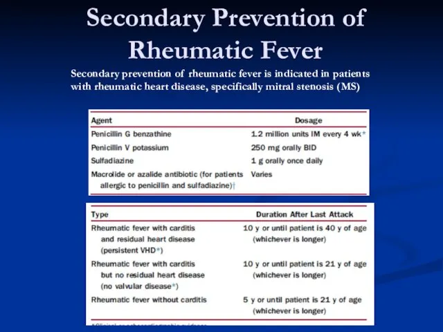 Secondary Prevention of Rheumatic Fever Secondary prevention of rheumatic fever is indicated in