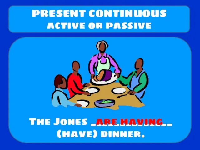 The Jones ______________ (have) dinner. PRESENT CONTINUOUS active or passive are having