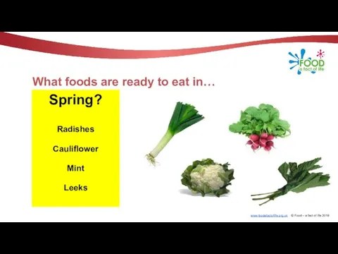 What foods are ready to eat in… Spring? Radishes Cauliflower Mint Leeks