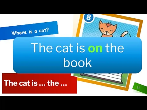 The cat is … the … Where is a cat? The cat is on the book