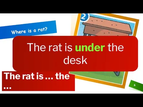 The rat is … the … Where is a rat? The rat is under the desk