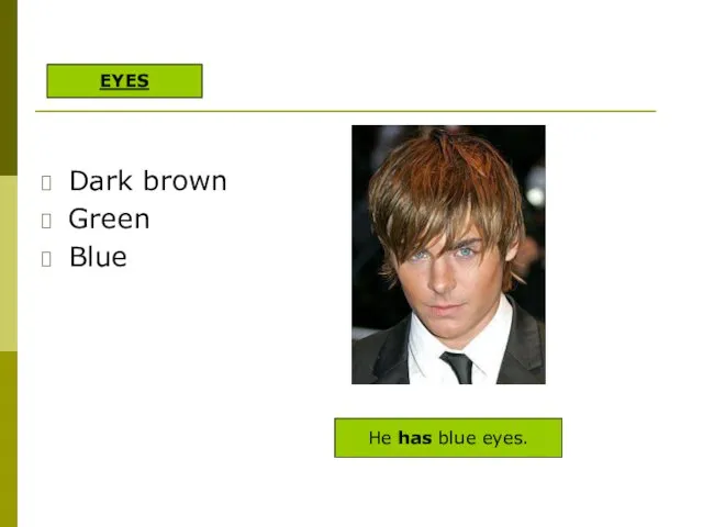 Dark brown Green Blue He has blue eyes. EYES