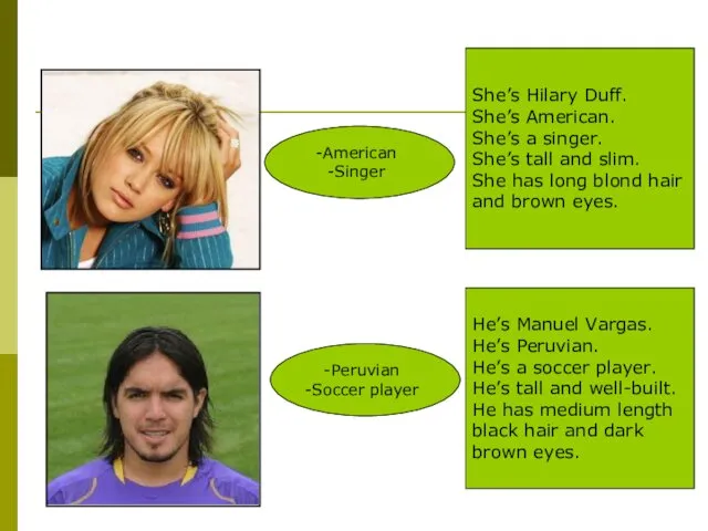 American Singer Peruvian Soccer player She’s Hilary Duff. She’s American.