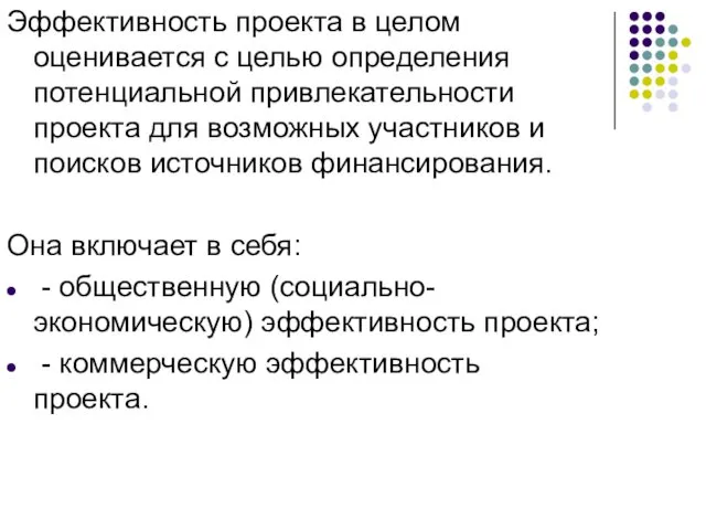 Эффективность проекта в целом оценивается с целью определения потенциальной привлекательности