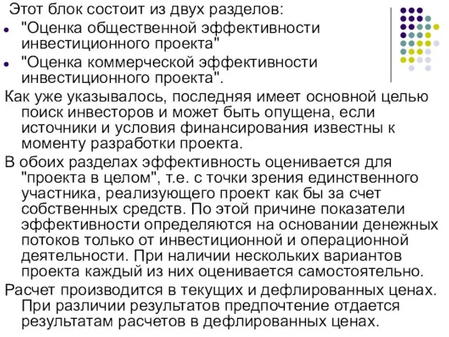 Этот блок состоит из двух разделов: "Оценка общественной эффективности инвестиционного