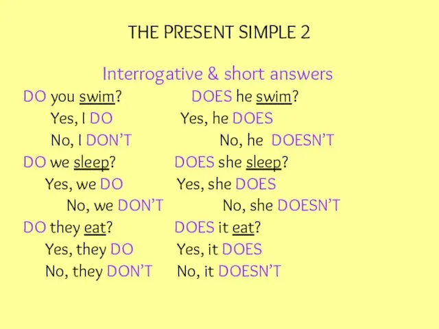 THE PRESENT SIMPLE 2 Interrogative & short answers DO you swim? DOES he