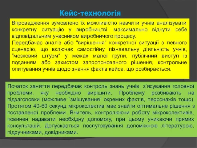 Кейс-технологія Впровадження зумовлено їх можливістю навчити учнів аналізувати конкретну ситуацію