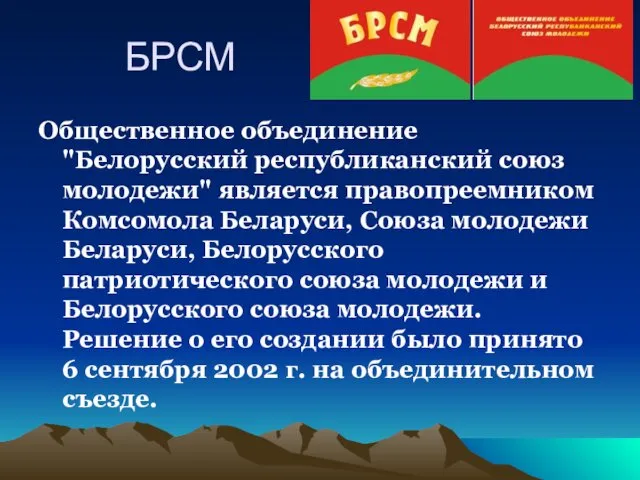 БРСМ Общественное объединение "Белорусский республиканский союз молодежи" является правопреемником Комсомола