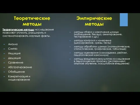 Теоретические методы Анализ Синтез Индукция Дедукция Сравнение Абстрагирование Обобщение Конкретизация