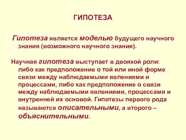 ГИПОТЕЗА Гипотеза является моделью будущего научного знания (возможного научного знания).