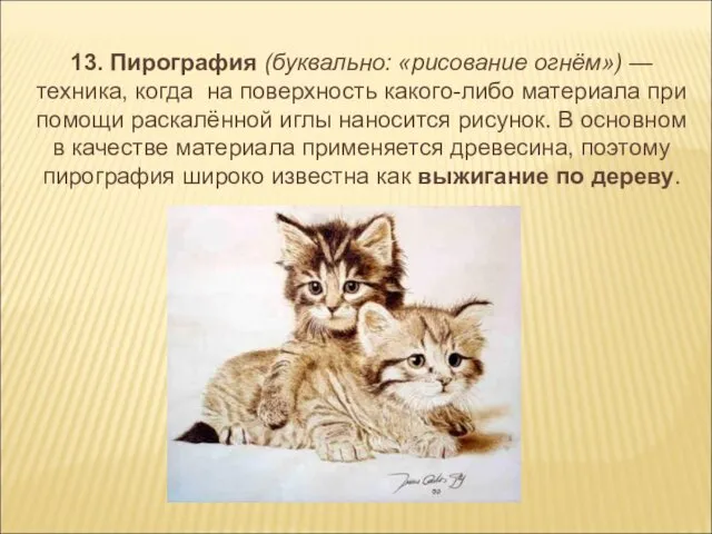 13. Пирография (буквально: «рисование огнём») — техника, когда на поверхность