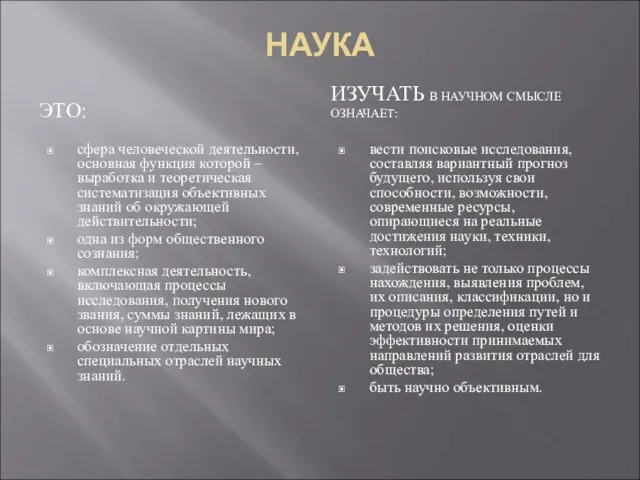 НАУКА ЭТО: ИЗУЧАТЬ В НАУЧНОМ СМЫСЛЕ ОЗНАЧАЕТ: сфера человеческой деятельности,