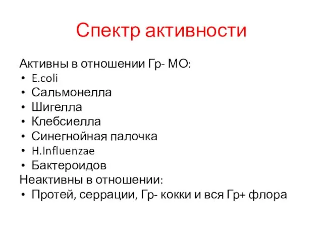 Активны в отношении Гр- МО: E.coli Сальмонелла Шигелла Клебсиелла Синегнойная палочка H.Influenzae Бактероидов