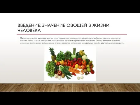 ВВЕДЕНИЕ: ЗНАЧЕНИЕ ОВОЩЕЙ В ЖИЗНИ ЧЕЛОВЕКА Одним из секретов здоровья,