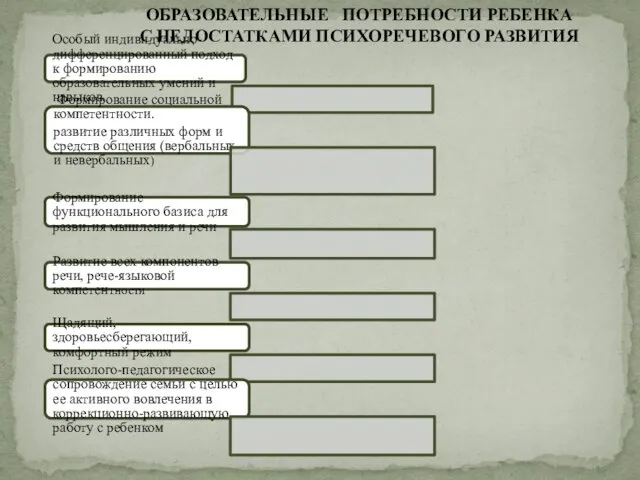 ОБРАЗОВАТЕЛЬНЫЕ ПОТРЕБНОСТИ РЕБЕНКА С НЕДОСТАТКАМИ ПСИХОРЕЧЕВОГО РАЗВИТИЯ Особый индивидуально-дифференцированный подход