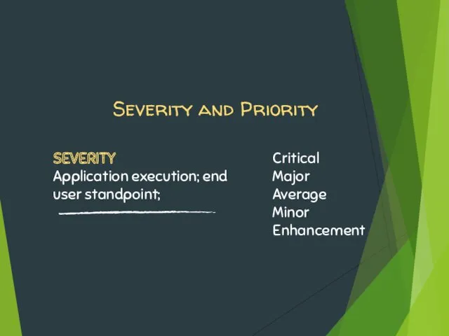 Severity and Priority Critical Major Average Minor Enhancement SEVERITY Application execution; end user standpoint;