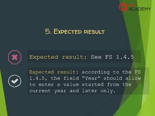 5. Expected result Expected result: according to the FS 1.4.5, the field “Year”