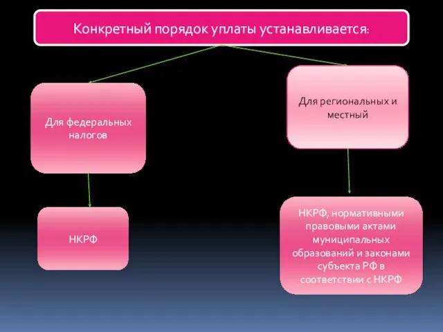 Конкретный порядок уплаты устанавливается: Для федеральных налогов НКРФ Для региональных