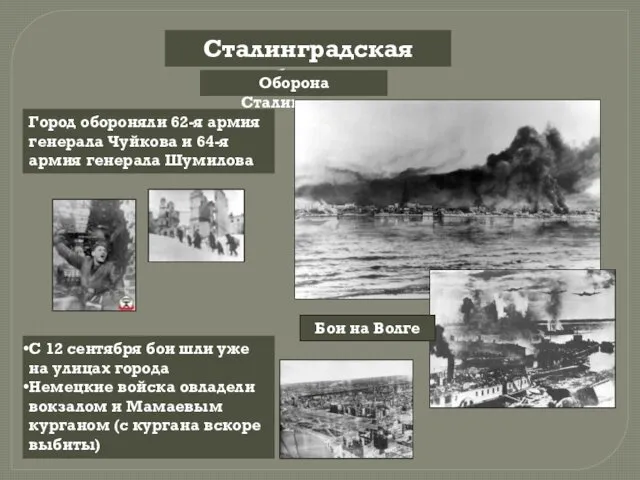 Сталинградская битва Оборона Сталинграда Город обороняли 62-я армия генерала Чуйкова