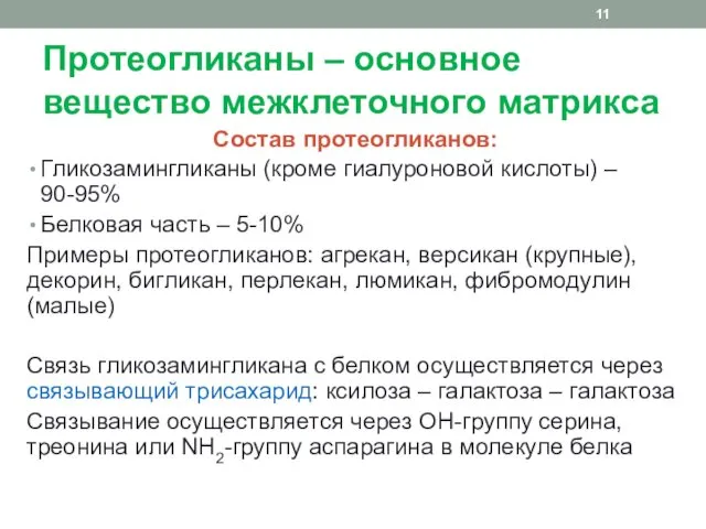 Протеогликаны – основное вещество межклеточного матрикса Состав протеогликанов: Гликозамингликаны (кроме