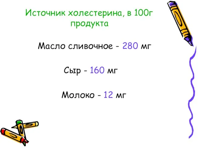 Источник холестерина, в 100г продукта Масло сливочное - 280 мг