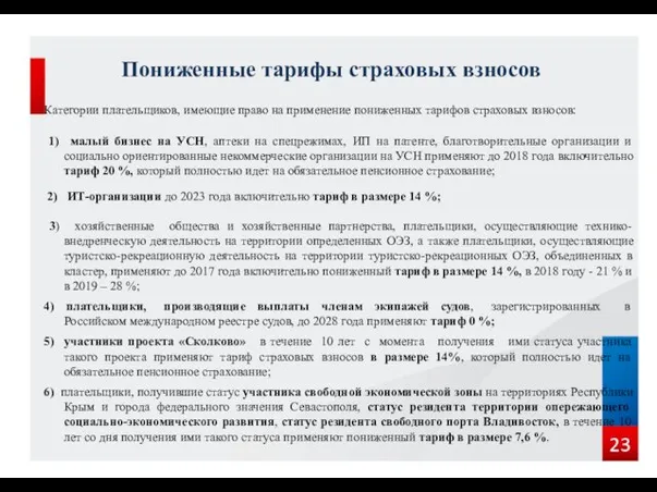 Пониженные тарифы страховых взносов Категории плательщиков, имеющие право на применение