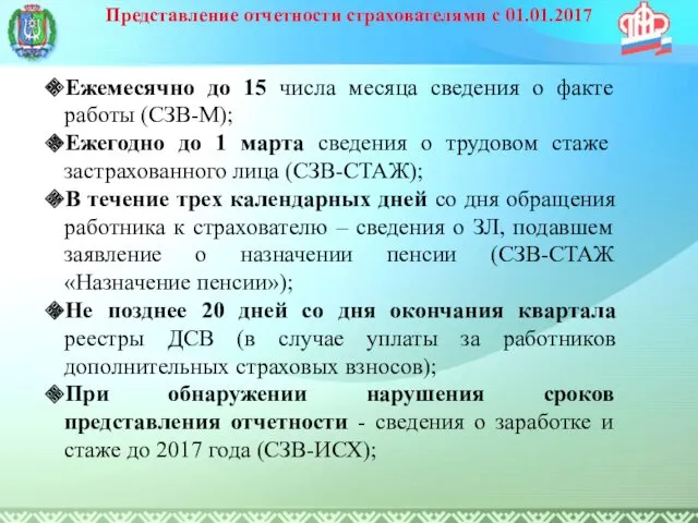Представление отчетности страхователями с 01.01.2017 Ежемесячно до 15 числа месяца