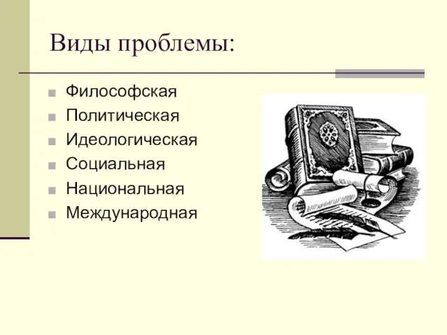 Виды проблемы: Философская Политическая Идеологическая Социальная Национальная Международная