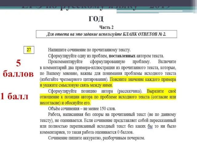 ЕГЭ по русскому языку – 2019 год 5 баллов 1 балл