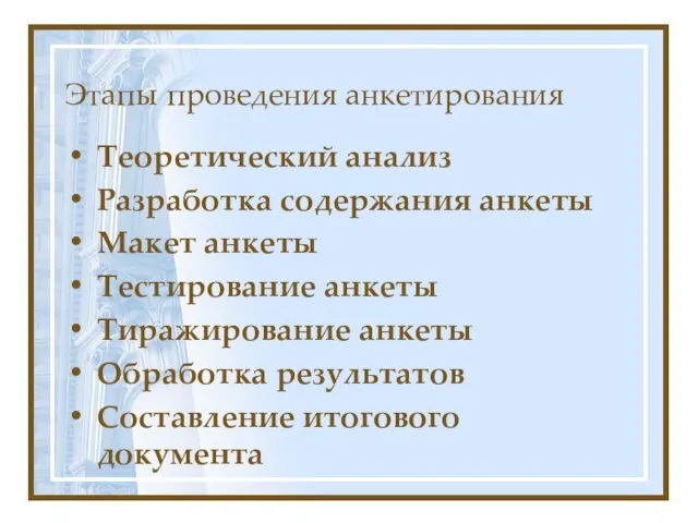 Этапы проведения анкетирования Теоретический анализ Разработка содержания анкеты Макет анкеты