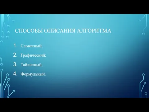 СПОСОБЫ ОПИСАНИЯ АЛГОРИТМА Словесный; Графический; Табличный; Формульный.