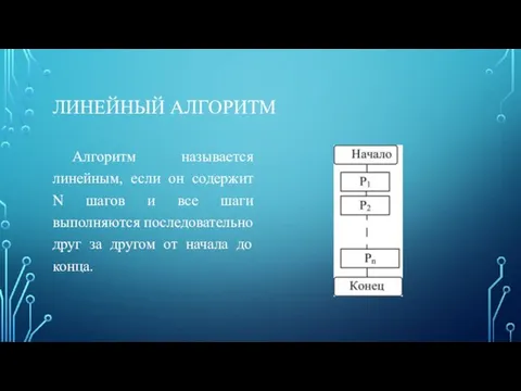 ЛИНЕЙНЫЙ АЛГОРИТМ Алгоритм называется линейным, если он содержит N шагов