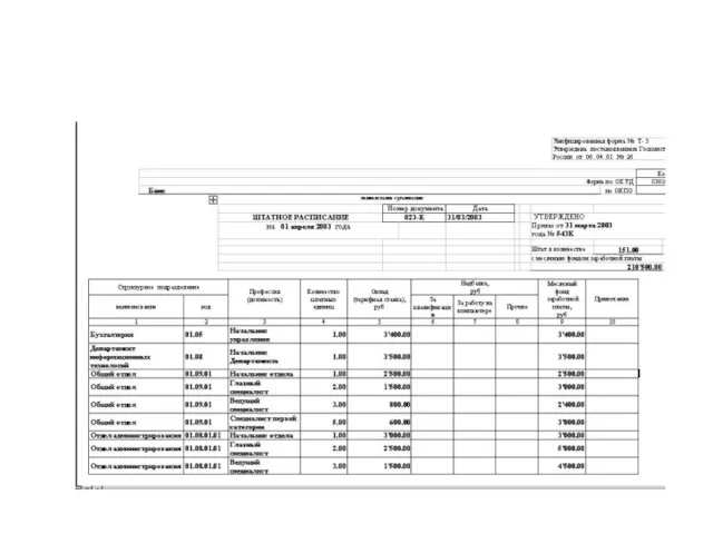 ПРИМЕР: Штатное расписание, форма Т-3