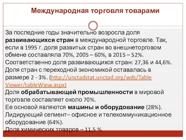 Международная торговля товарами За последние годы значительно возросла доля развивающихся