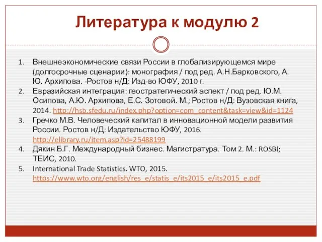 Литература к модулю 2 Внешнеэкономические связи России в глобализирующемся мире